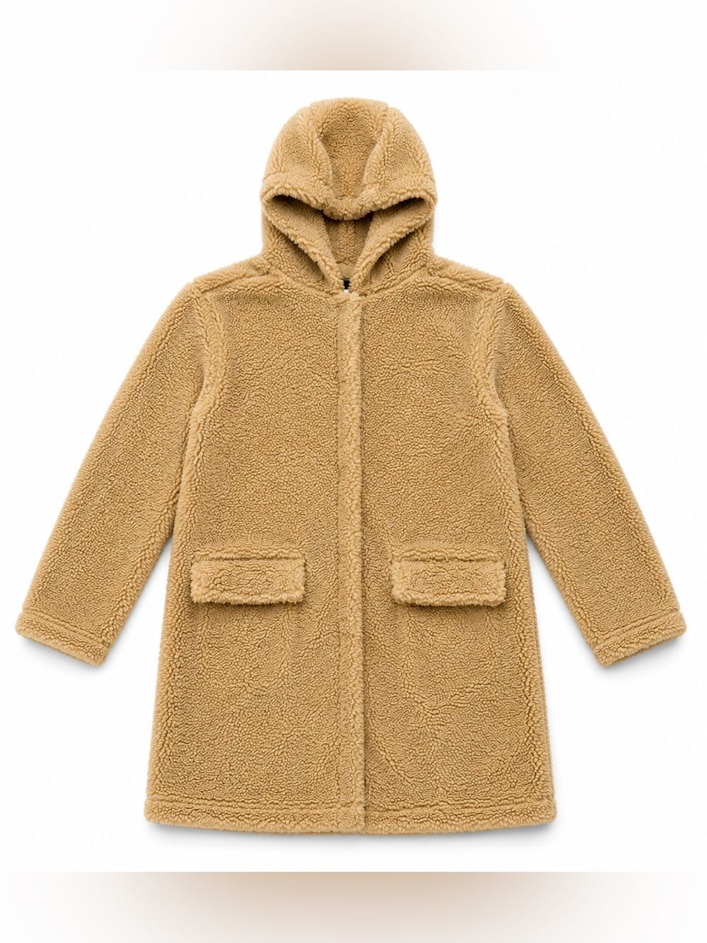Madden NYC Women’s Medium Tan Teddy Sherpa Hooded Long Coat Jacket NWT